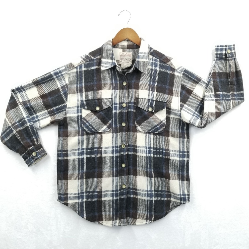 VTG At Last Extended Button Up Women L Blue Plaid Wool‎ Midweight Flannel Shirt